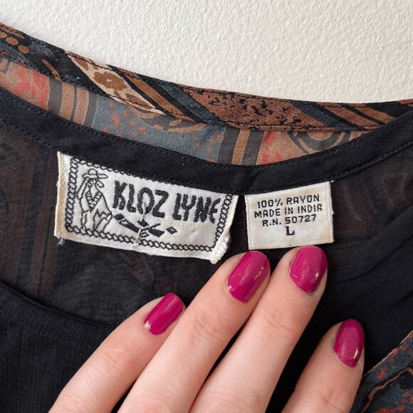 Vintage 90s Kloz Lyne India Boho Dress Black Sheer Sleeves Festival Grunge L - Picture 5 of 11